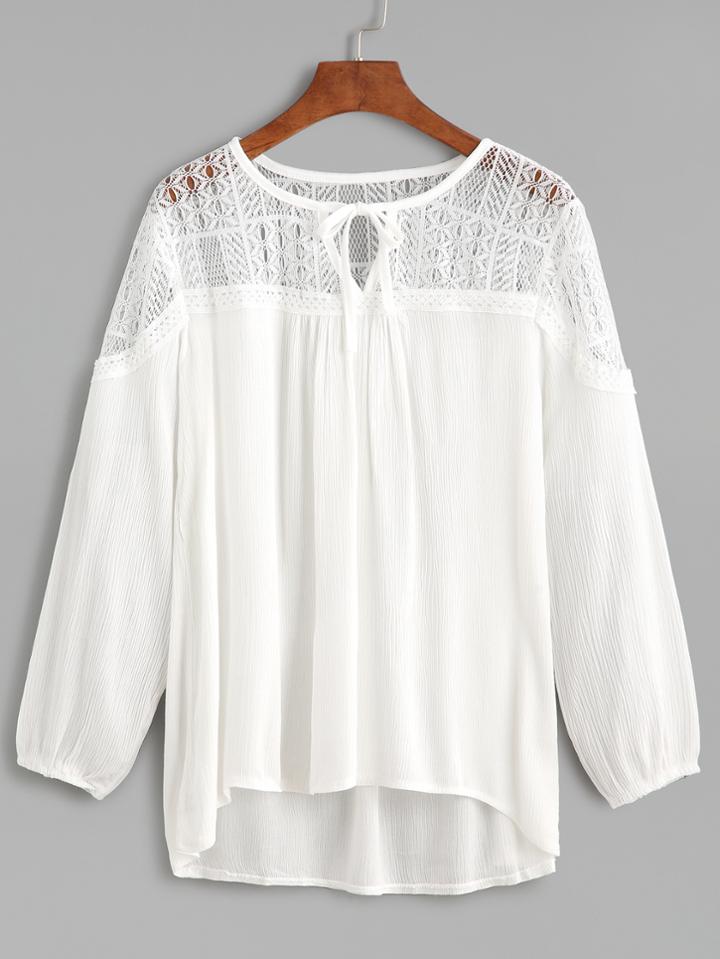 Shein White Tie Neck High Low Lace Trim Blouse
