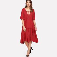 Shein Tassel Tie Lace Applique Neck Tiered Hem Dress