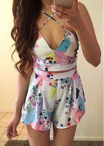 Rosewe Two Piece Flower Print V Neck Rompers