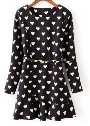 Rosewe Pretty Long Sleeve Hearts Print Dress With Belt
