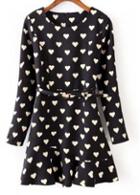 Rosewe Pretty Long Sleeve Hearts Print Dress With Belt
