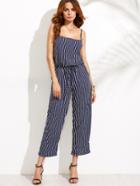 Shein Navy Vertical Striped Spaghetti Strap Drawstring Jumpsuit