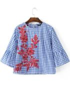 Shein Blue Plaid Embroidery Bell Sleeve Blouse