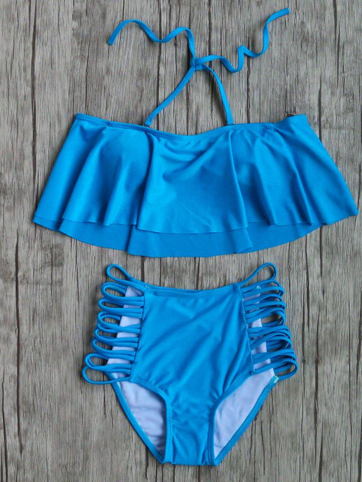 Shein Blue Ruffle Ladder Cutout High Waist Bikini Set