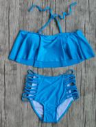 Shein Blue Ruffle Ladder Cutout High Waist Bikini Set