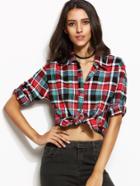 Shein Plaid Roll Tab Sleeve Tunic Shirt