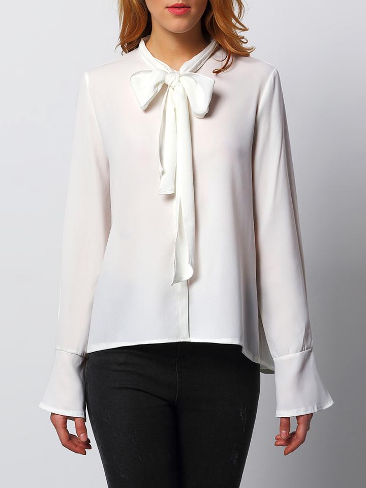 Shein White Tie Neck Bell Sleeve Dip Hem Blouse