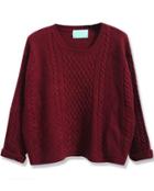 Shein Wine Red Batwing Long Sleeve Cable Knit Sweater