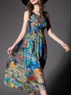 Shein Multicolor V Neck Sleeveless Beading Elastic Waist Print Dress