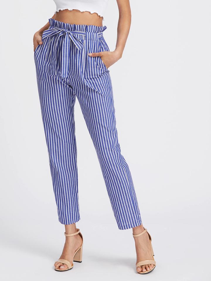 Shein Self Tie Frill Waist Pinstripe Pants