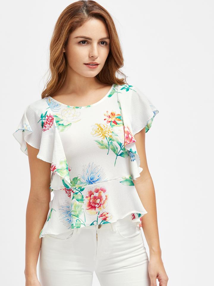 Shein V Back Florals Frill Trim Peplum Top