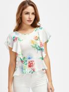 Shein V Back Florals Frill Trim Peplum Top