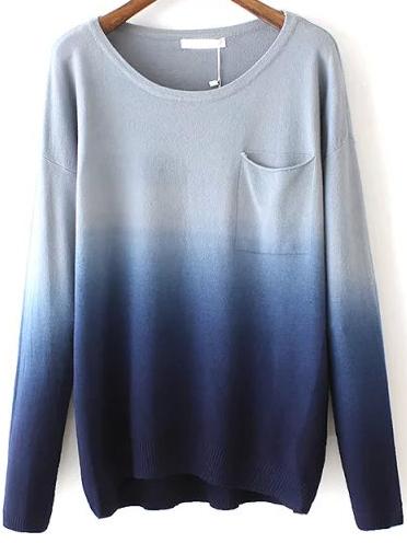 Shein Navy Dip Hem Ombre Pocket Sweater