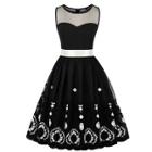 Shein Mesh Contrast Bow Front Floral Embroidered Dress
