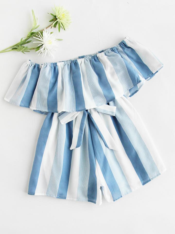Shein Flounce Layered Neckline Wide Stripe Romper With Belt