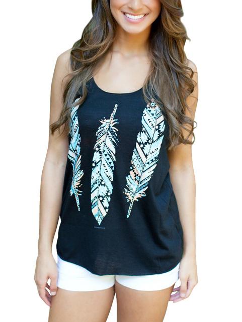 Shein Black Feather Print Tank Top
