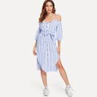 Shein Open Shoulder Tie Waist Asymmetrical Hem Striped Dress