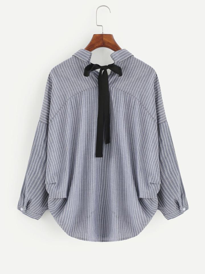 Shein Contrast Bow Tie Dolphin Hem Striped Blouse