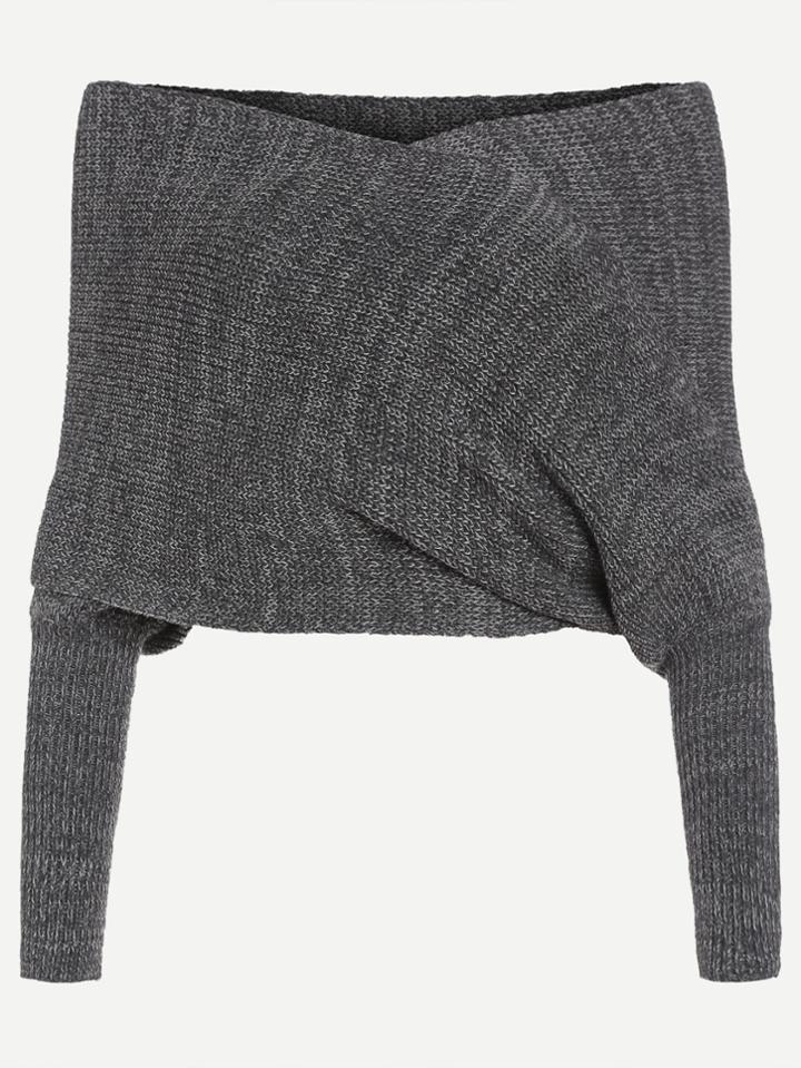 Shein Grey Marled Off The Shoulder Cross Wrap Sweater