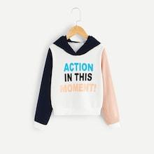 Shein Girls Color Block Drawstring Letter Hoodie