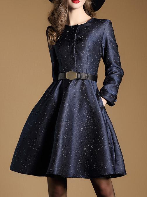 Shein Navy Belted Pockets A-line Dress