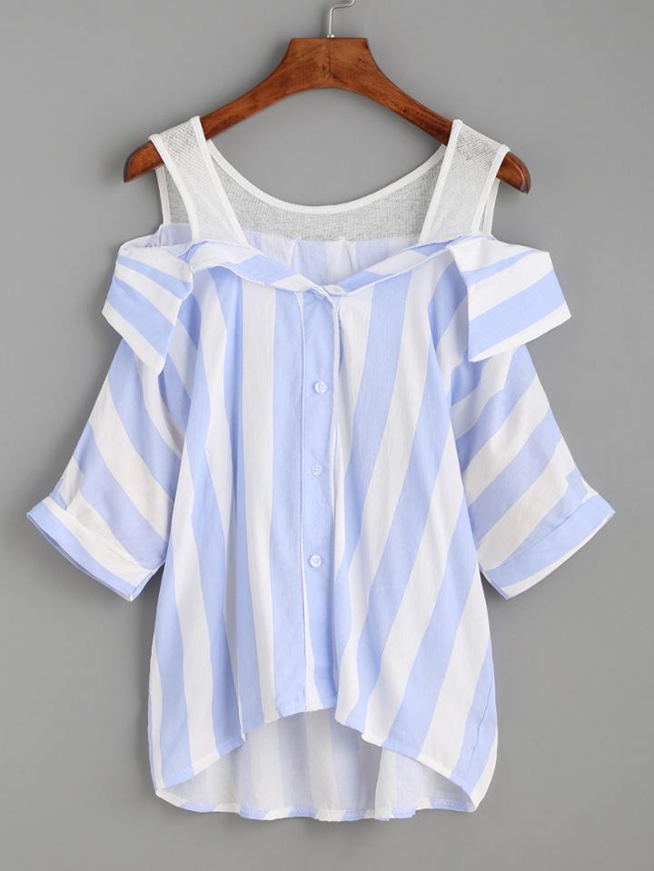 Shein Blue Vertical Striped Button Front Cold Shoulder Blouse
