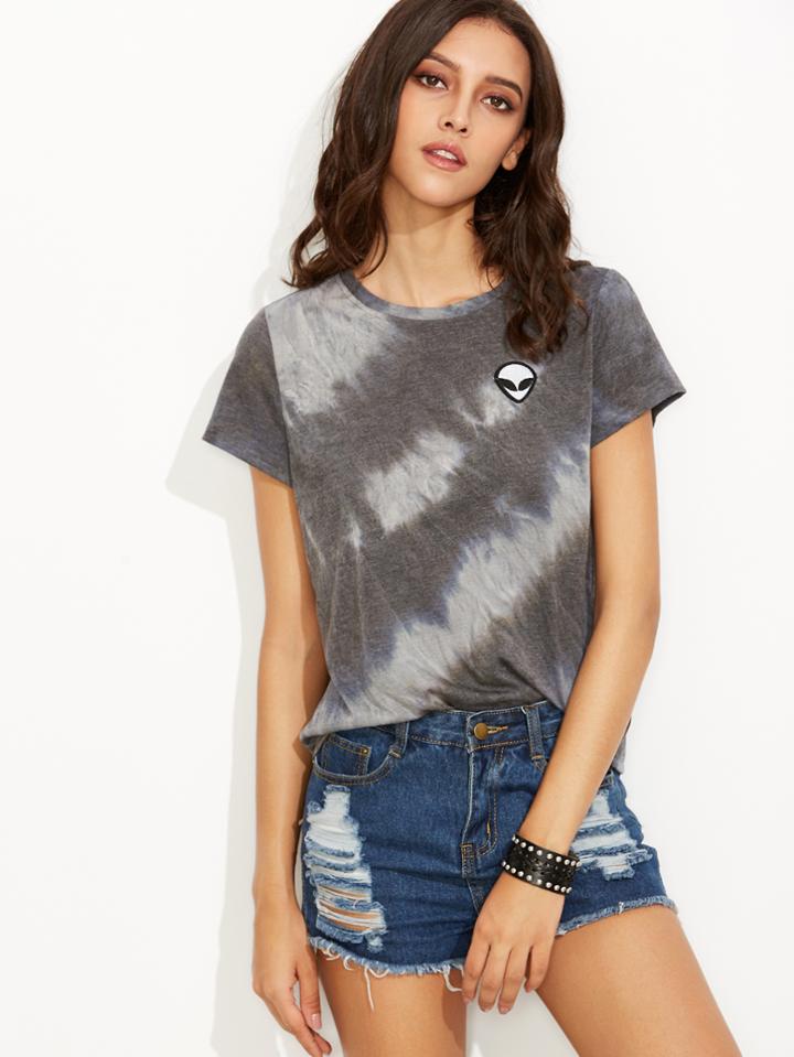 Shein Tie Dye Print Alien Patch T-shirt