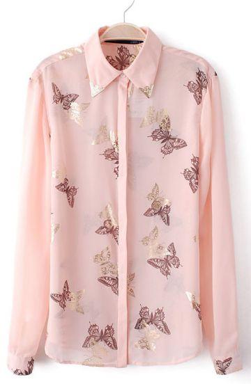 Shein Pink Metal Embellished Butterfly Print Blouse