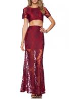 Rosewe Short Sleeve Wine Red Lace Two Piece Dress
