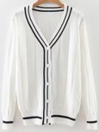 Shein White Striped Trim Button Up Cardigan