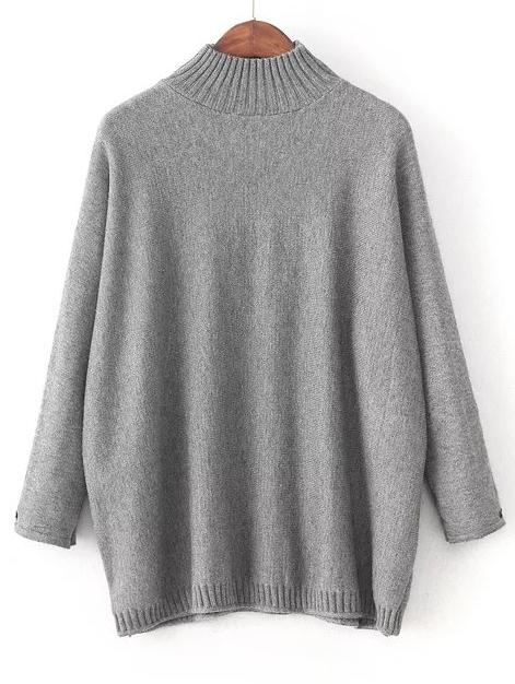 Shein Grey Mock Neck Patch Detail Loose Sweater