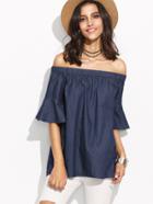 Shein Blue Bell Sleeve Off The Shoulder Chambray Top