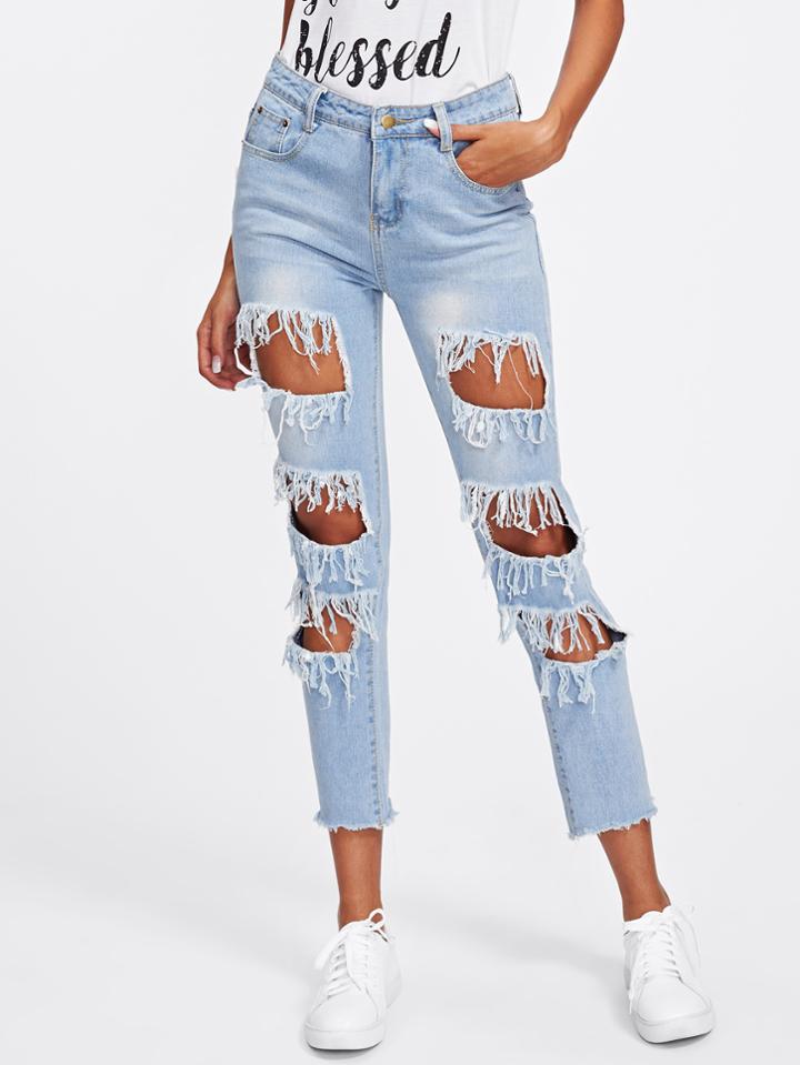 Shein Shredded Raw Hem Bleach Wash Jeans