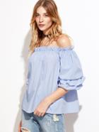 Shein Blue Vertical Striped Off The Shoulder Billow Sleeve Top