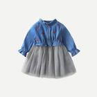Shein Toddler Girls Contrast Denim Embroidery Detail Mesh Dress