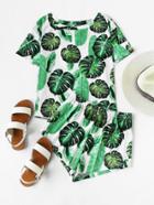 Shein Jungle Leaf Print Tee And Shorts Pajama Set