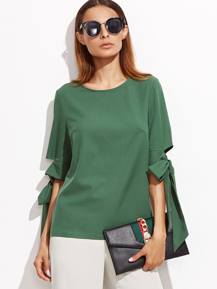 Shein Green Keyhole Back Bow Tie Sleeve Top