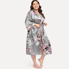 Shein Plus Peacock & Flower Print Self Tie Robe