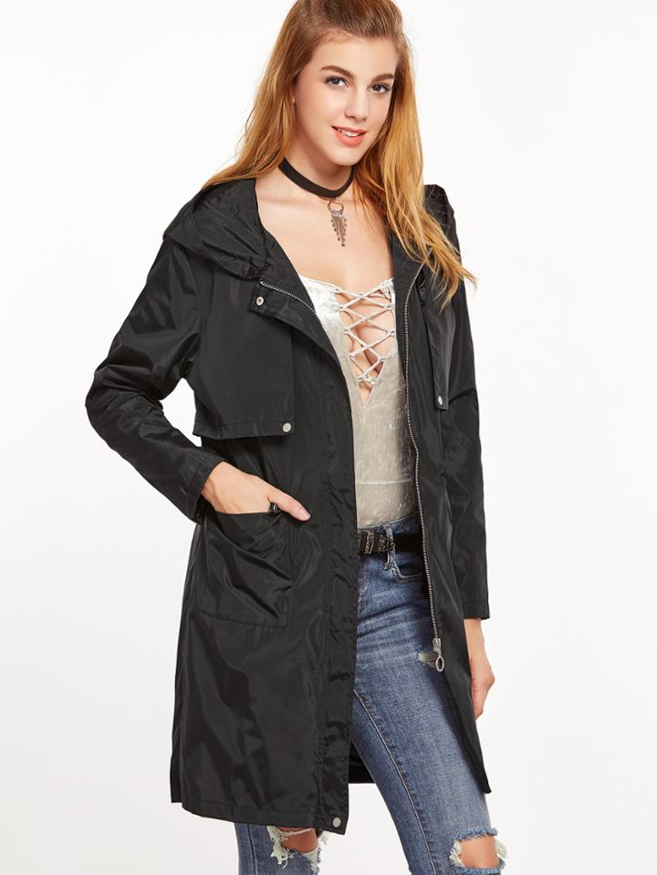 Shein Black Zip Pockets Hooded Back Storm Flap Coat