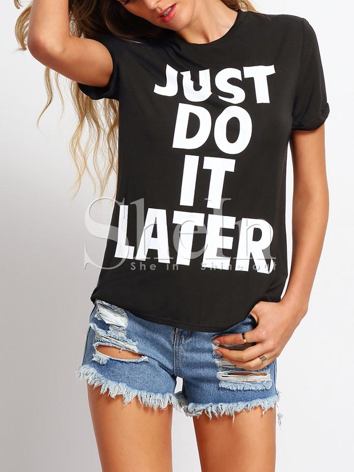 Shein Black Crew Neck Letter Print Casual T-shirt