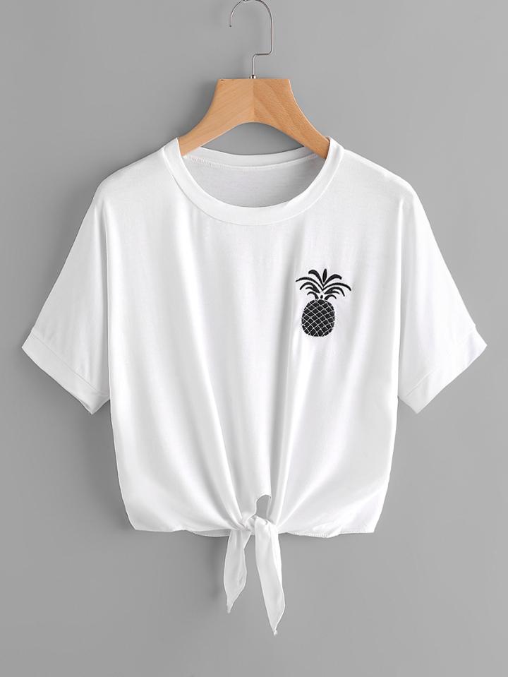 Shein Pineapple Embroidered Tie Front Tee