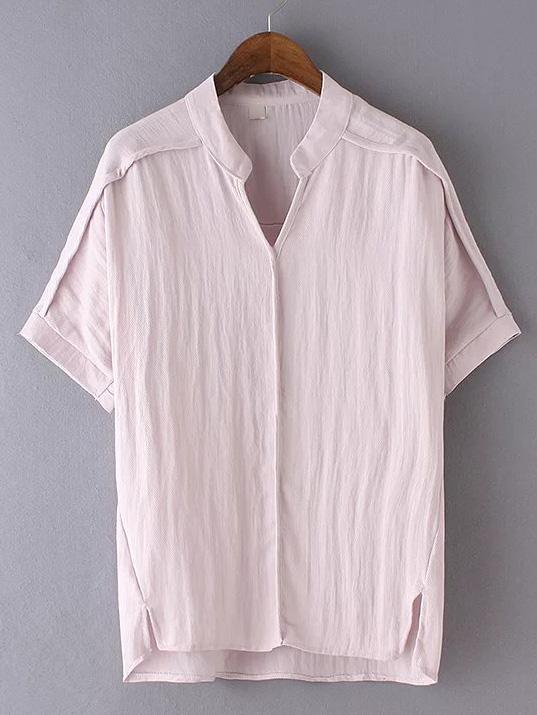 Shein Pink Band Collar High Low Split Side Blouse