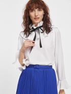 Shein White Ruffle Collar Bow Tie Pleated Cuff Blouse