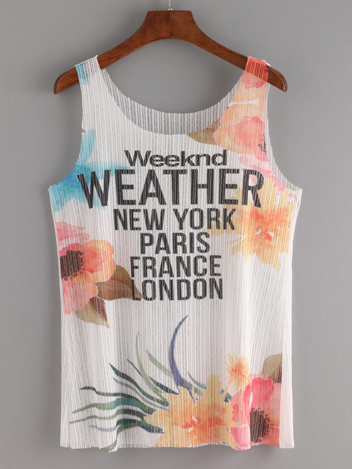 Shein Letter & Flower Print Mesh Tank Top - White