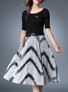 Shein Black Contrast Grey Belted A-line Dress