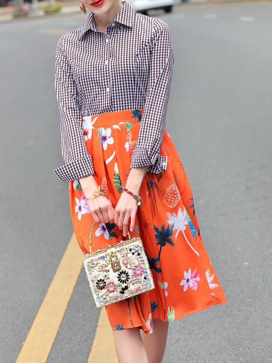 Shein Plaid Flowers Print A-line Dress