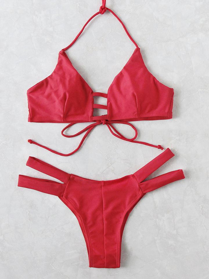 Shein Red Halter Strappy Triangle Bikini Set