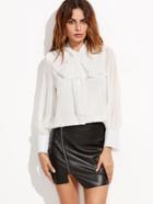 Shein White Tie Neck Lantern Sleeve Chiffon Shirt