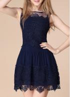 Rosewe Round Neck Mesh Splicing Blue Tank Dress