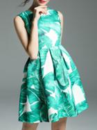 Shein Green Leaves Print A-line Dress